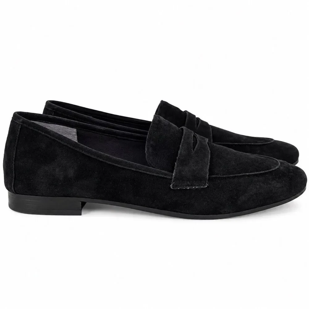 Marc Fisher Womens 9.5 Black Suede Penny Loafers Leather Slip On Flats Preppy